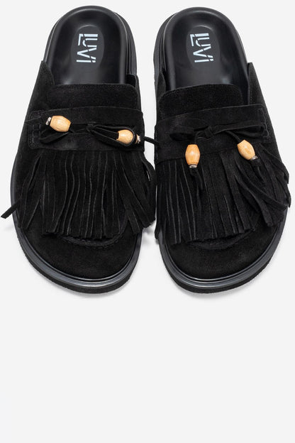 Carol - Zuecos de cuero con borla de gamuza negra (Mujer)