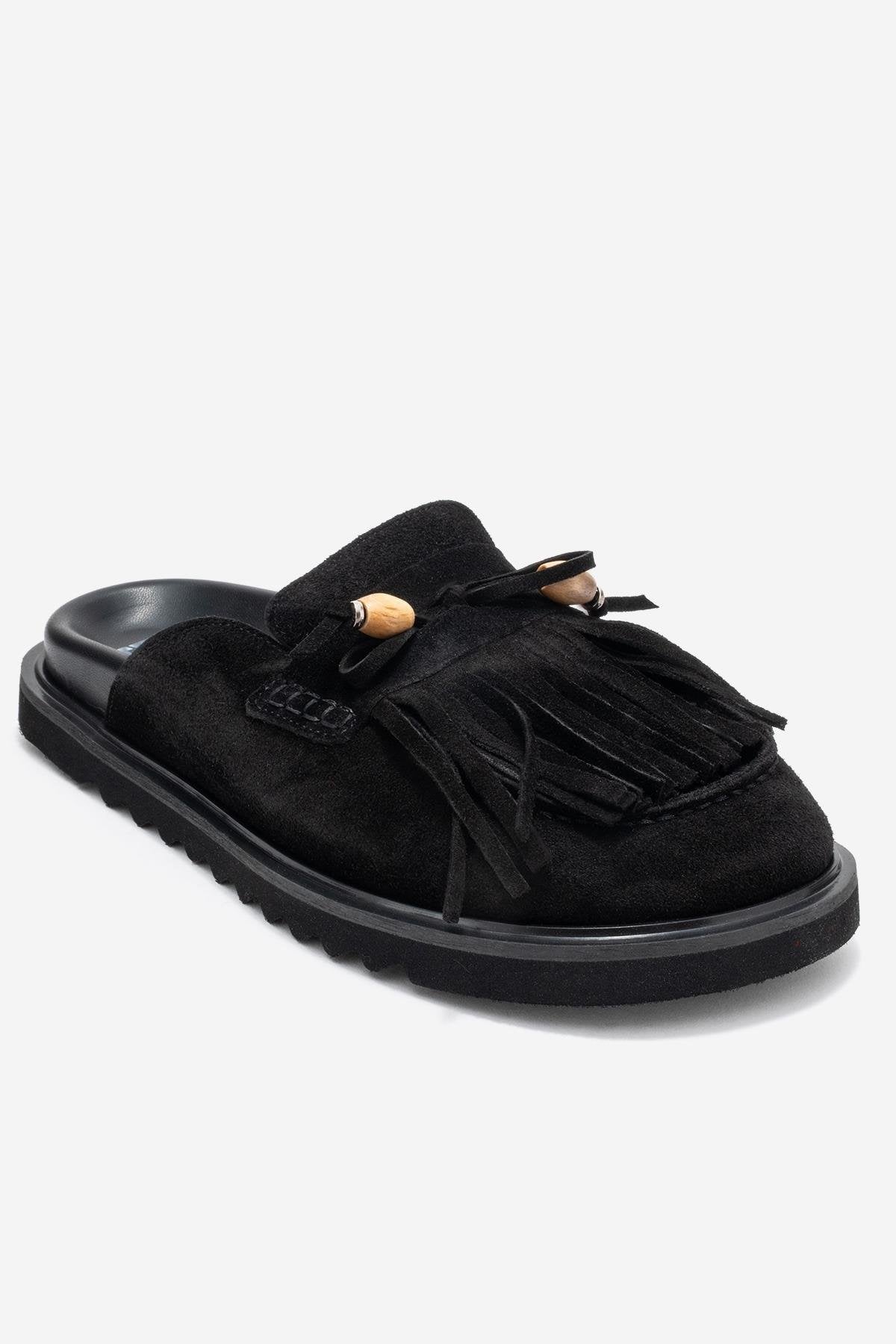 Carol - Zuecos de cuero con borla de gamuza negra (Mujer)