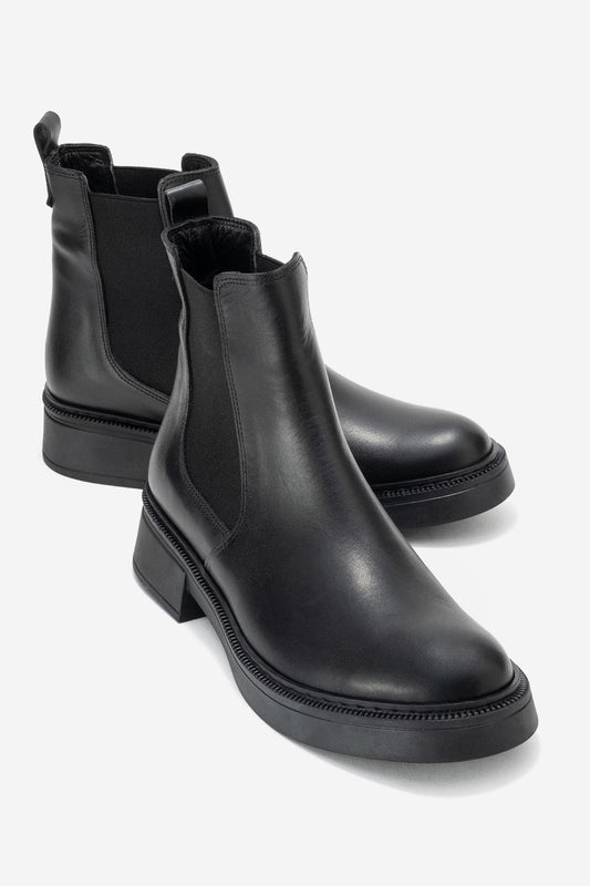 Orliss - Botín Chelsea de cuero genuino negro con paneles elásticos (mujer)