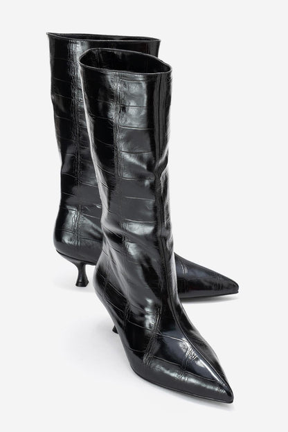 Crow - Bota de tacón con punta en relieve negro (Mujer)
