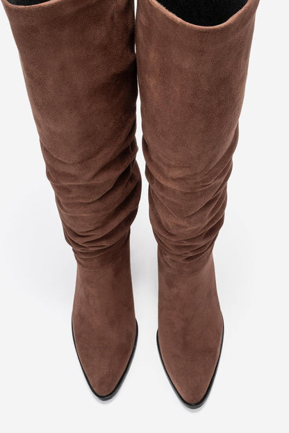 120 - Bota alta de tacón de bloque de ante marrón (mujer)