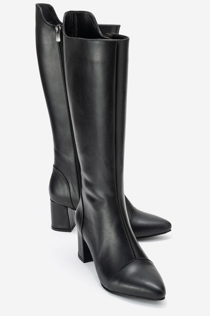 Lumin - Bota alta de tacón de bloque de cuero negro (Mujer)