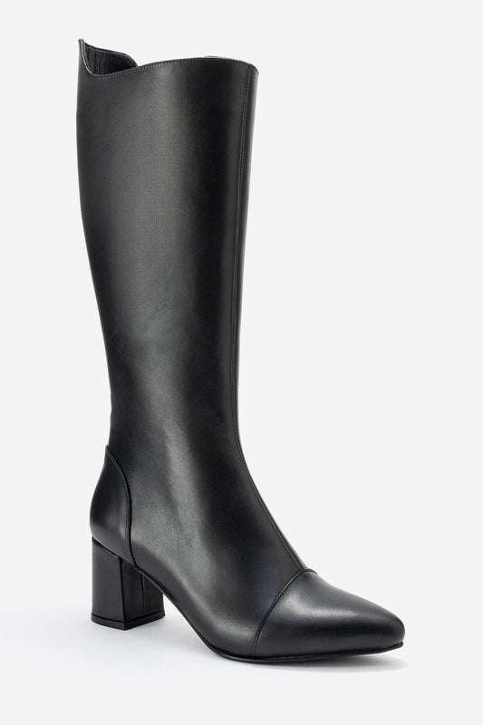 Lumin - Bota alta de tacón de bloque de cuero negro (Mujer)