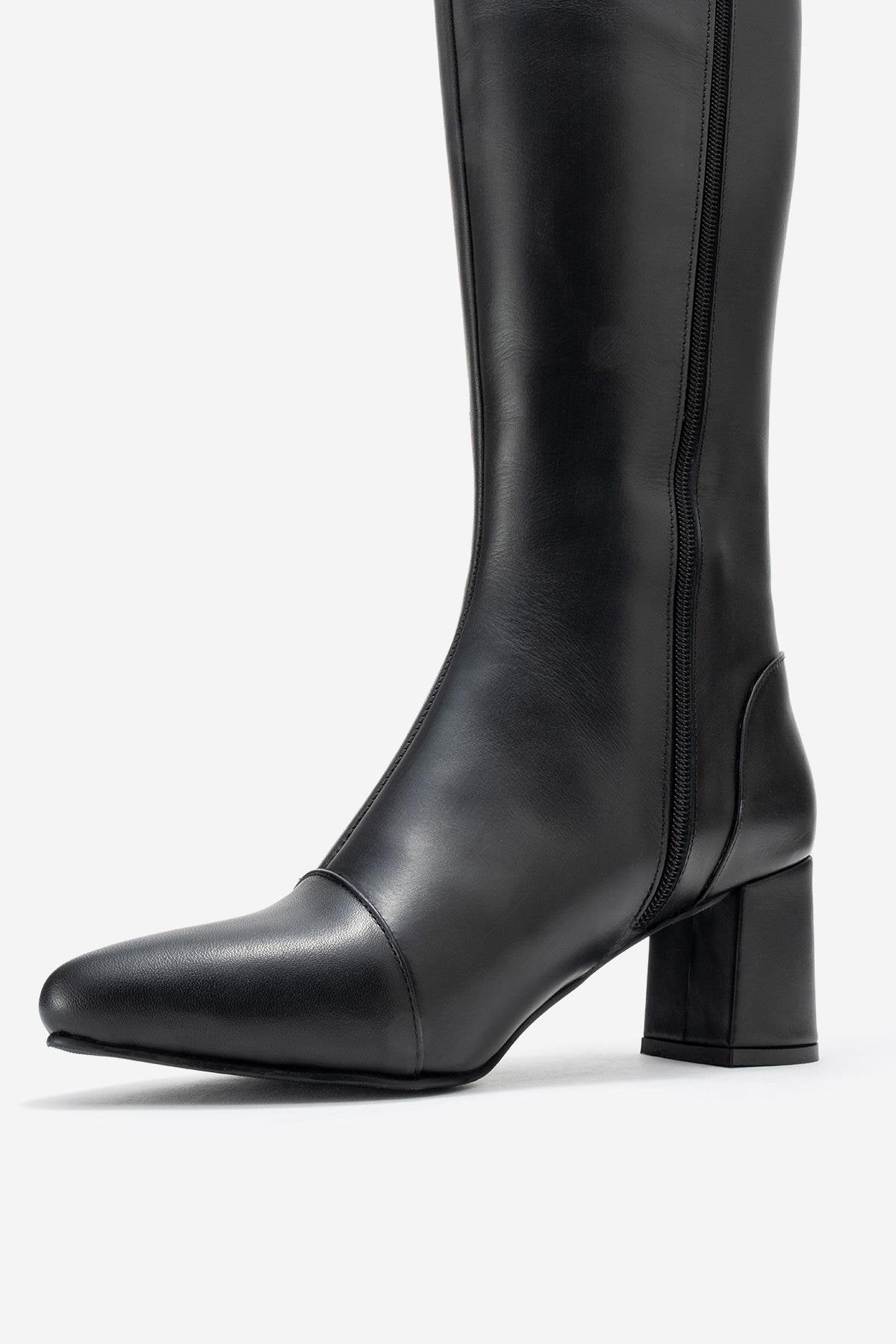 Lumin - Bota alta de tacón de bloque de cuero negro (Mujer)