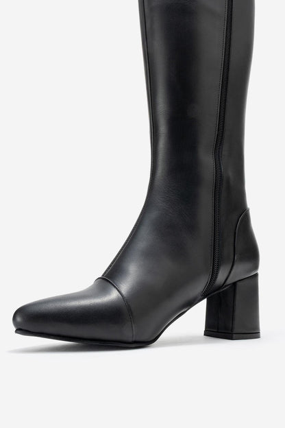 Lumin - Bota alta de tacón de bloque de cuero negro (Mujer)