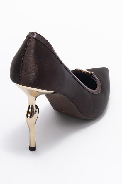 Milos - Zapatilla de tacón de satén marrón con hebilla y punta en punta (Mujer)