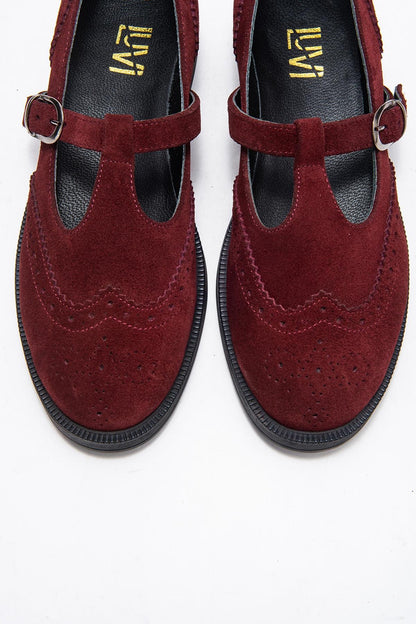 Janney - Mocasines de tacón bajo de ante de color burdeos (mujer)