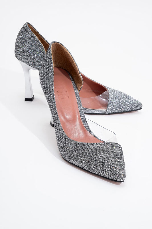 Ursula - Zapatilla de tacón de punta fina con purpurina platino (Mujer)