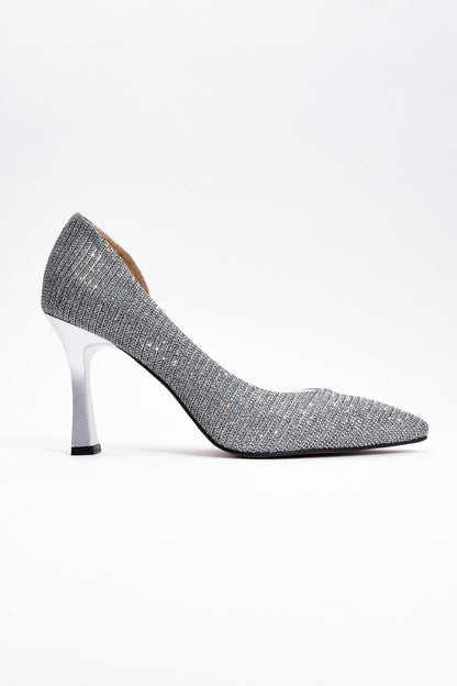 Ursula - Zapatilla de tacón de punta fina con purpurina platino (Mujer)