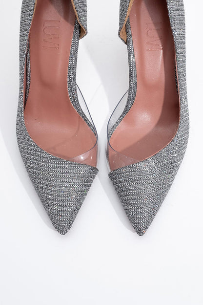 Ursula - Zapatilla de tacón de punta fina con purpurina platino (Mujer)