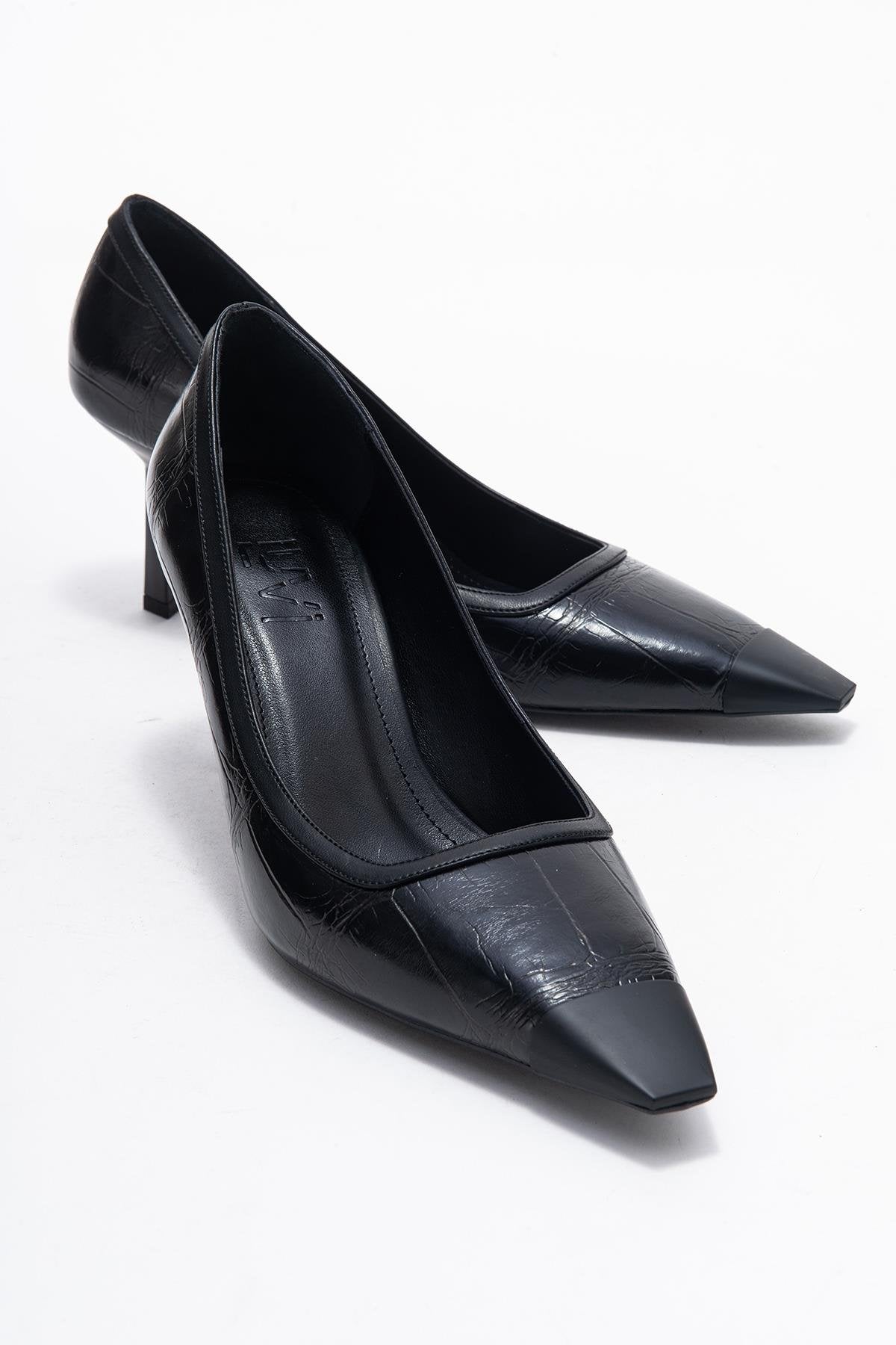 Rona - Zapatilla de tacón de punta estampada negra (Mujer)