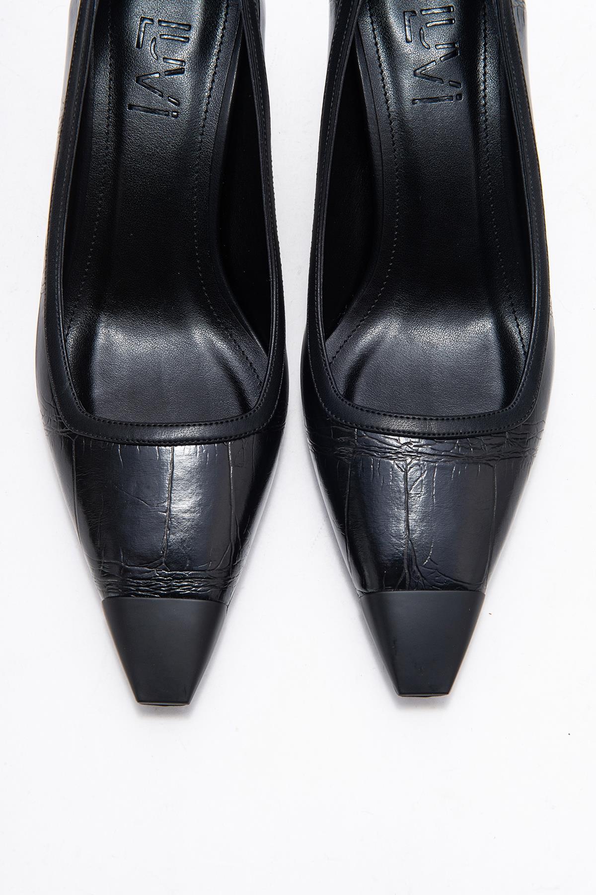 Rona - Zapatilla de tacón de punta estampada negra (Mujer)