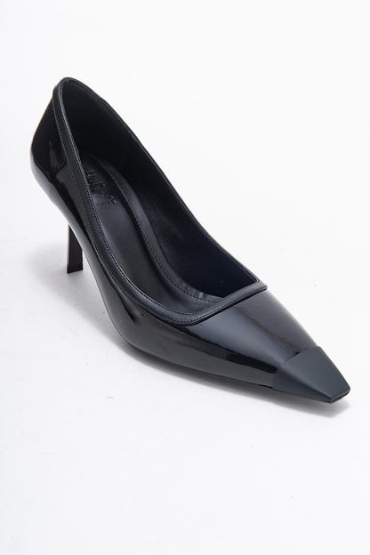 Rona - Zapatilla de tacón de punta fina de charol negro (Mujer)