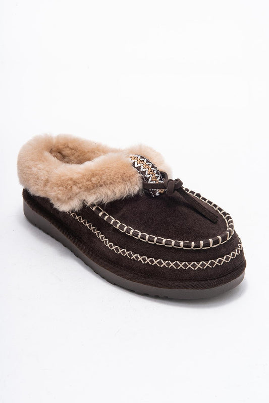 Noriel - Pantuflas Mocasín de Cuero de Ante Marrón (Mujer)