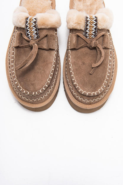 Yalina - Pantuflas Mocasín de Plataforma de Cuero Marrón Claro (Mujer)