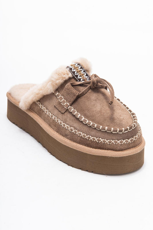 Yalina - Pantuflas Mocasín de Plataforma de Cuero Marrón Claro (Mujer)