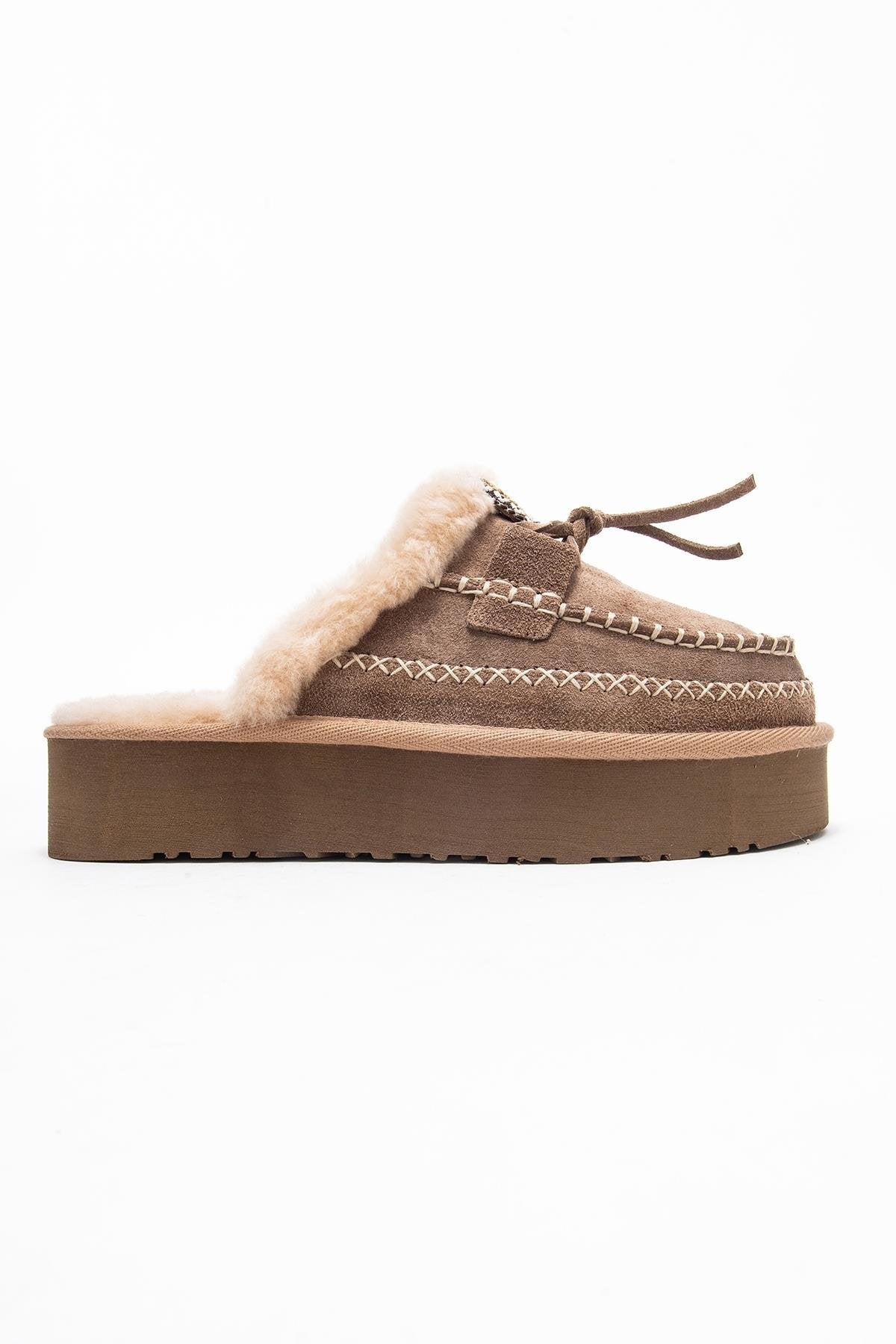 Yalina - Pantuflas Mocasín de Plataforma de Cuero Marrón Claro (Mujer)