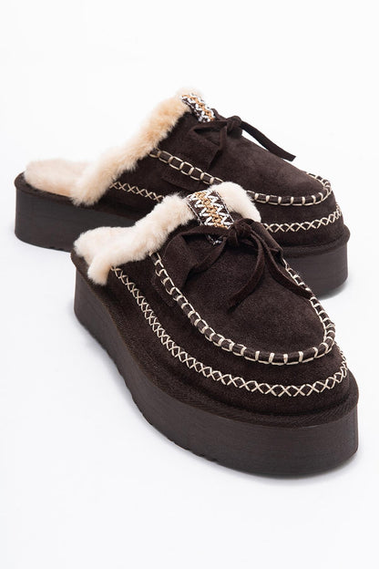 Yalina - Pantuflas Mocasín de Plataforma de Cuero Marrón (Mujer)