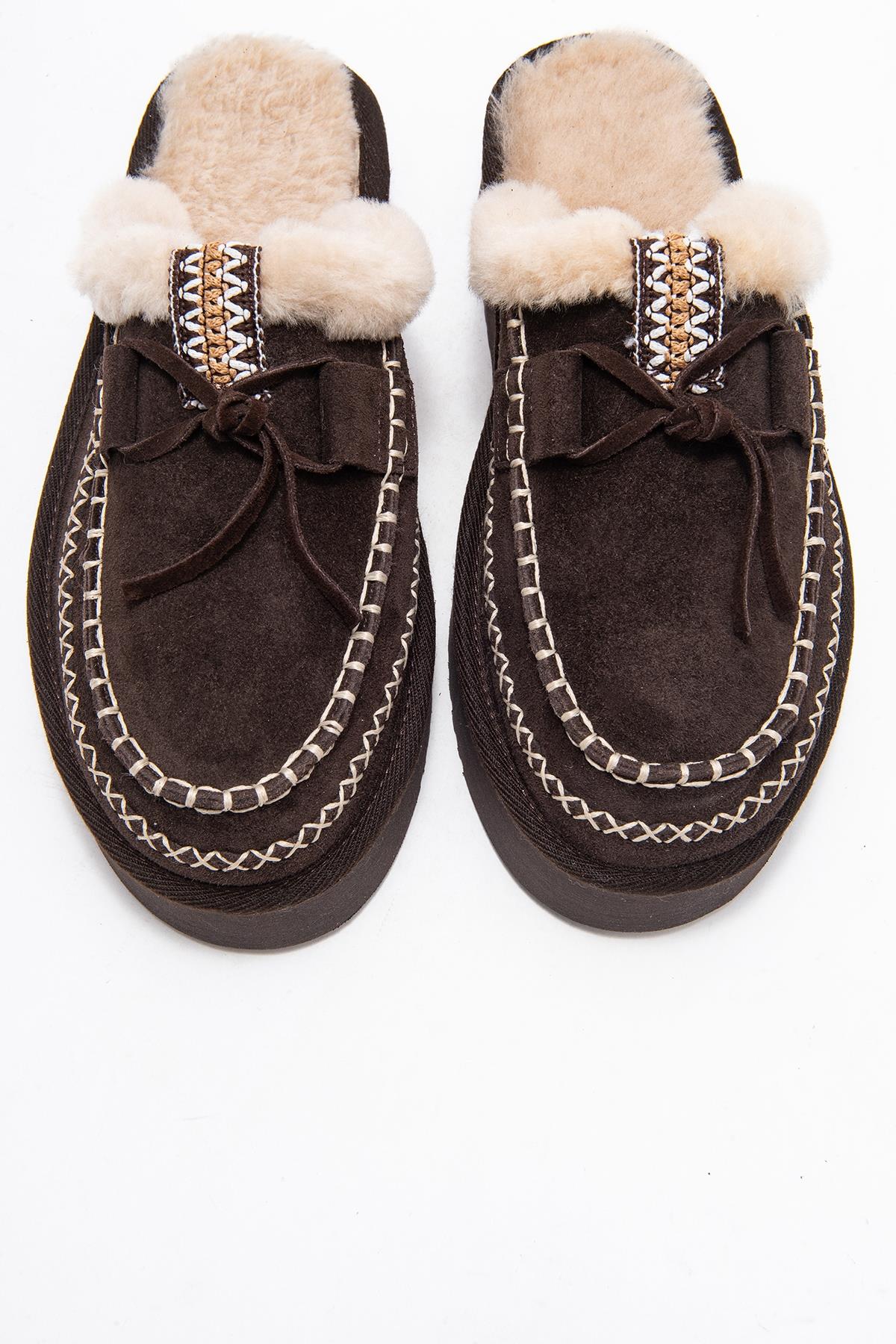 Yalina - Pantuflas Mocasín de Plataforma de Cuero Marrón (Mujer)
