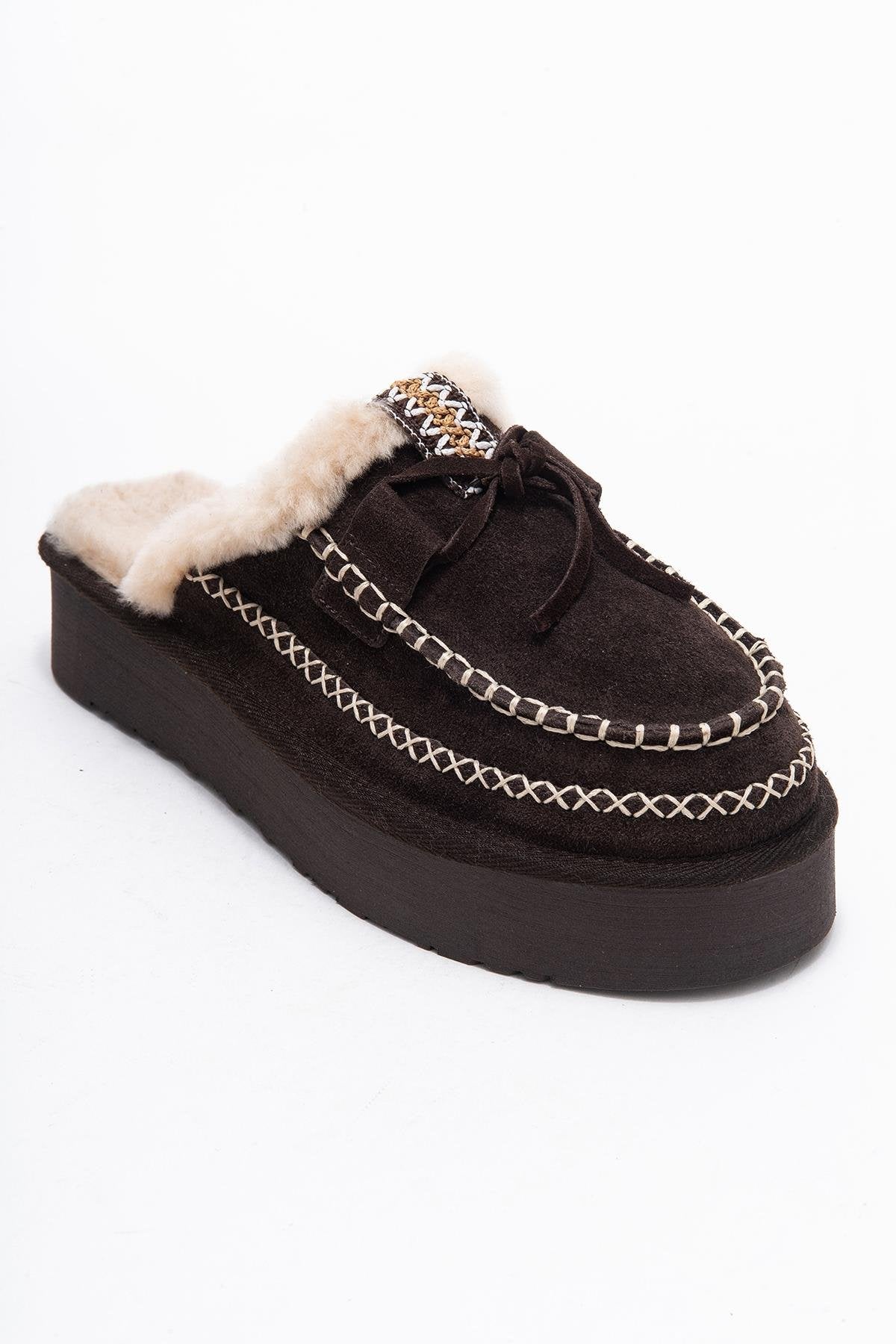 Yalina - Pantuflas Mocasín de Plataforma de Cuero Marrón (Mujer)