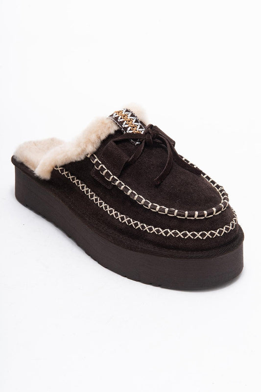 Yalina - Pantuflas Mocasín de Plataforma de Cuero Marrón (Mujer)
