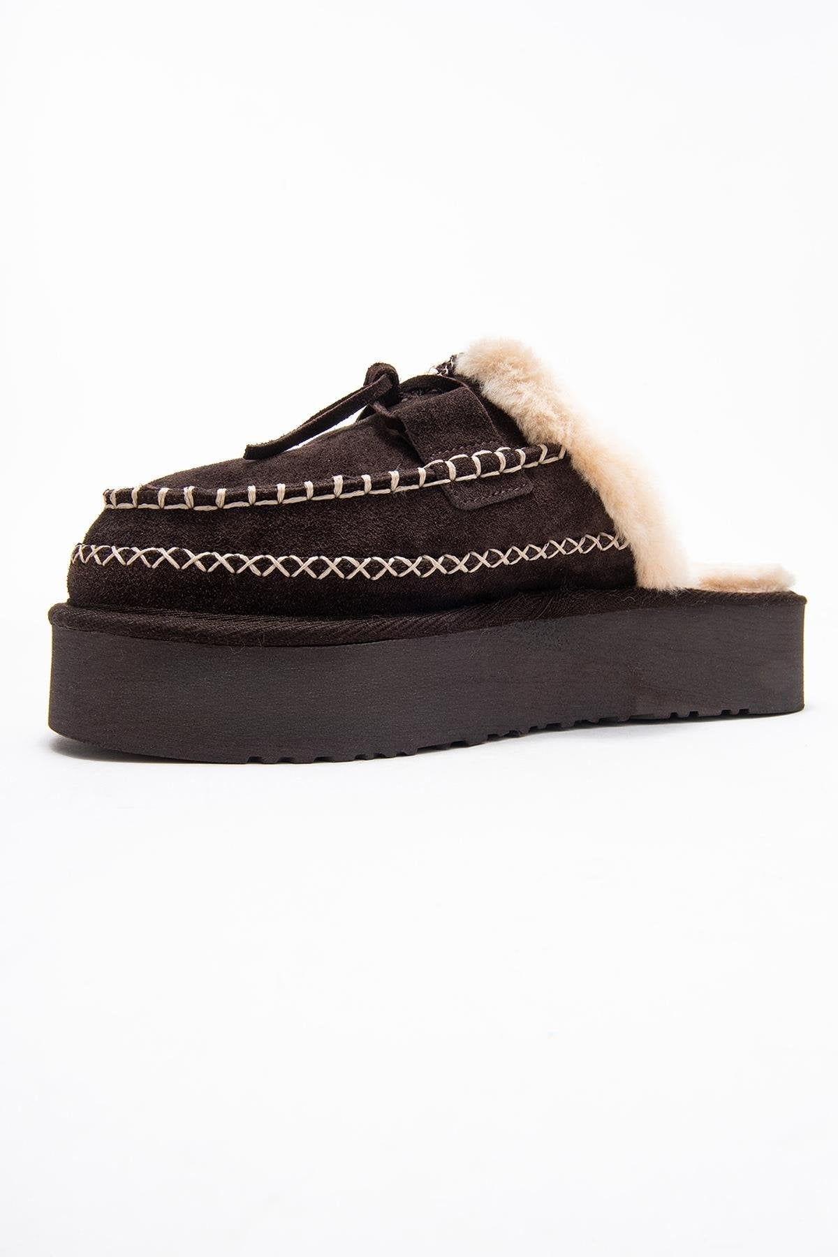 Yalina - Pantuflas Mocasín de Plataforma de Cuero Marrón (Mujer)