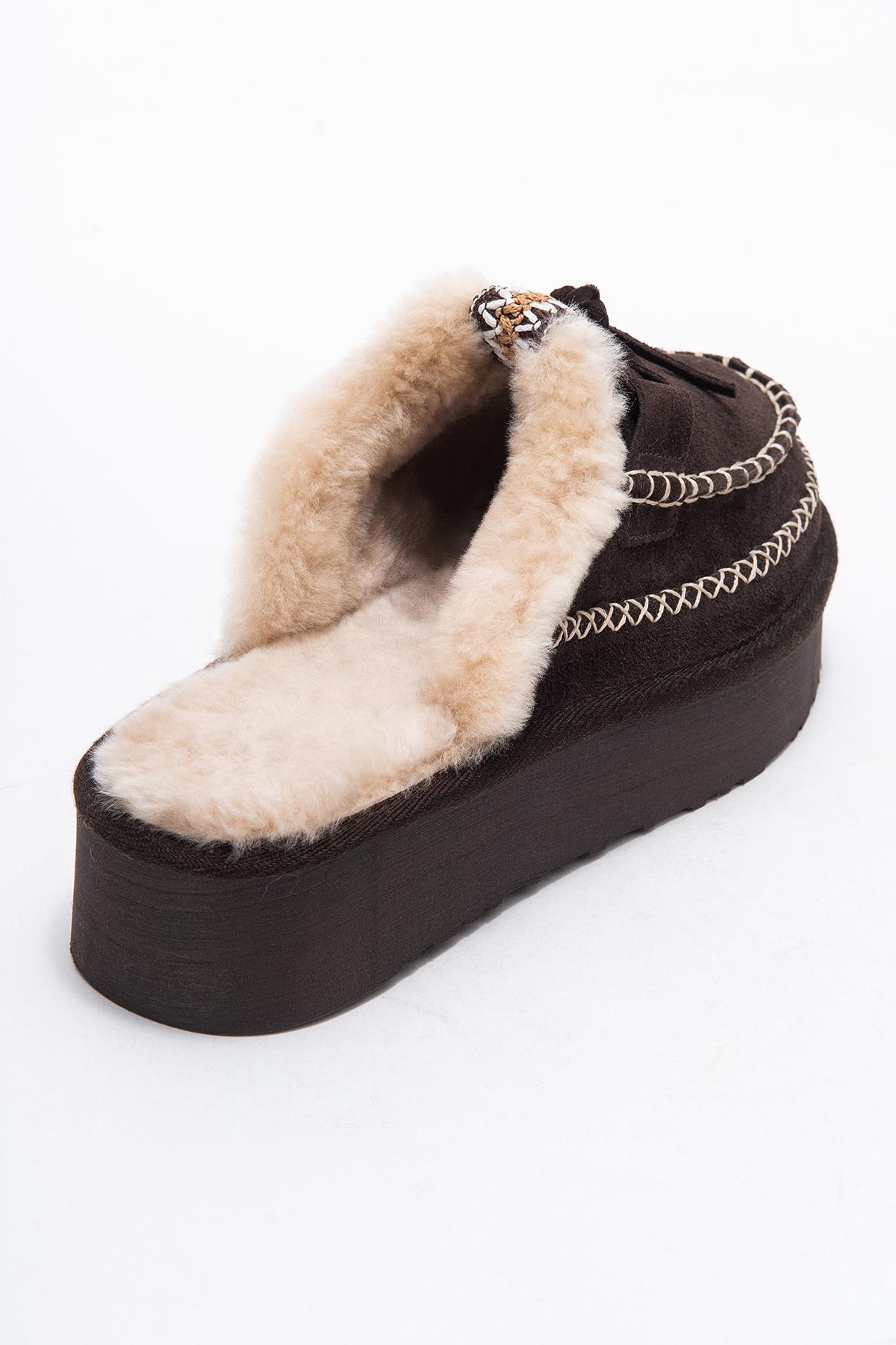 Yalina - Pantuflas Mocasín de Plataforma de Cuero Marrón (Mujer)