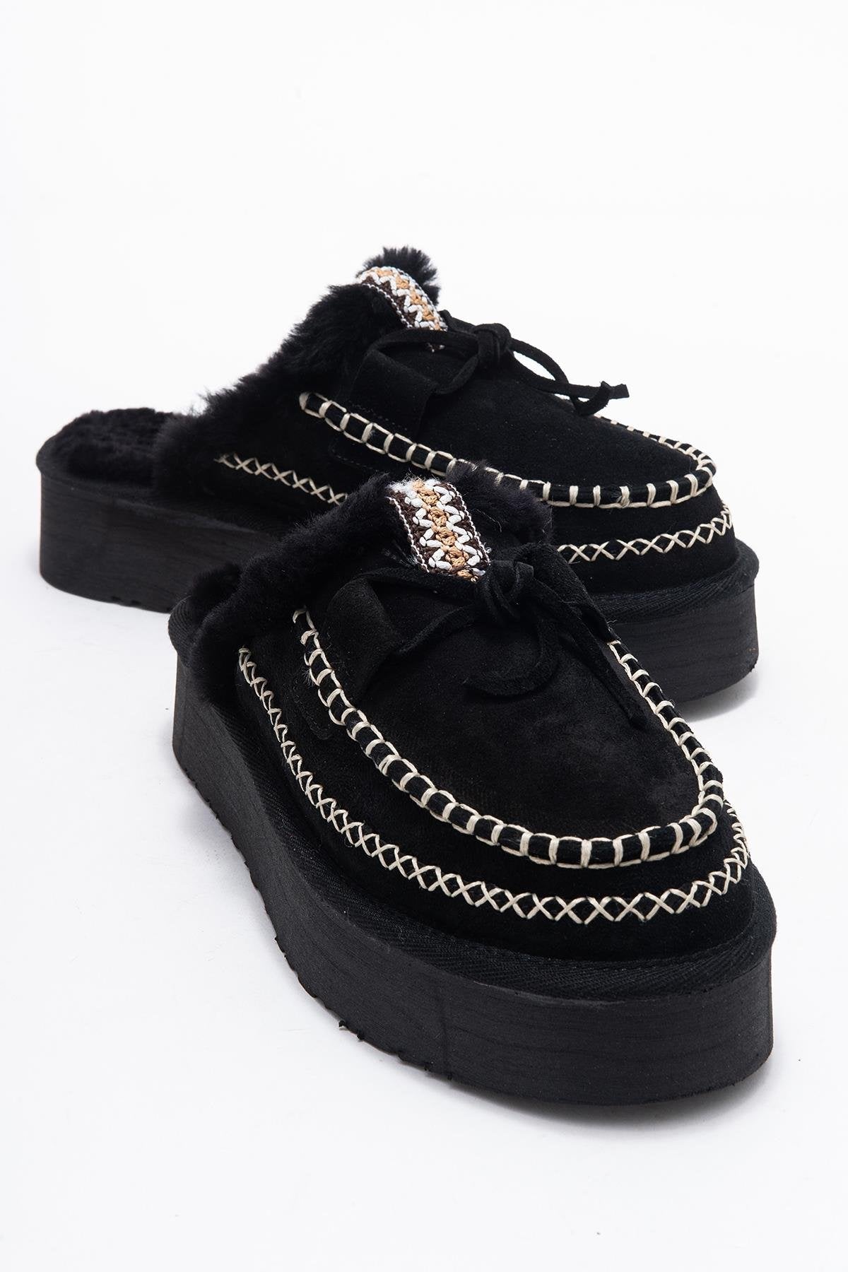Yalina - Pantuflas Mocasín de Plataforma de Cuero Negro (Mujer)