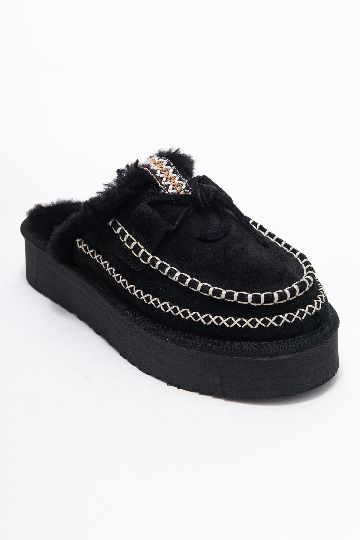 Yalina - Pantuflas Mocasín de Plataforma de Cuero Negro (Mujer)