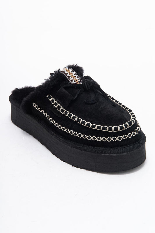 Yalina - Pantuflas Mocasín de Plataforma de Cuero Negro (Mujer)