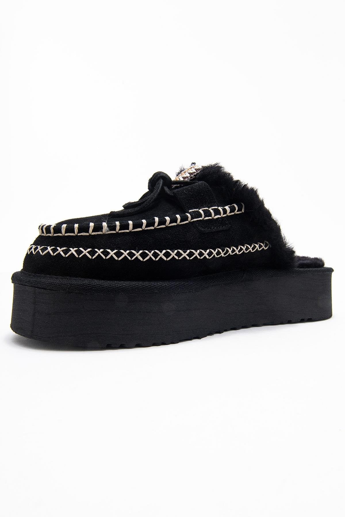 Yalina - Pantuflas Mocasín de Plataforma de Cuero Negro (Mujer)