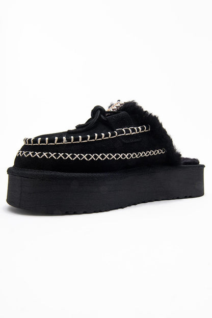 Yalina - Pantuflas Mocasín de Plataforma de Cuero Negro (Mujer)