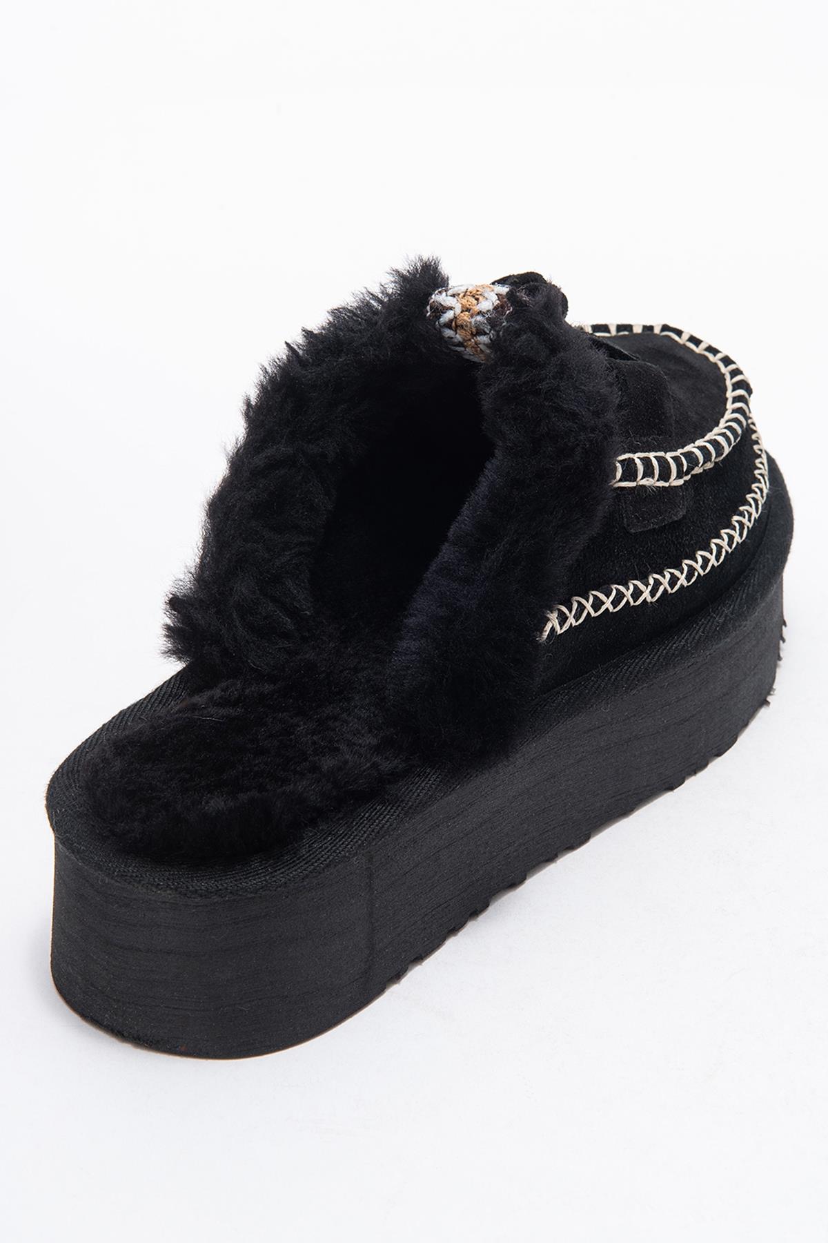 Yalina - Pantuflas Mocasín de Plataforma de Cuero Negro (Mujer)