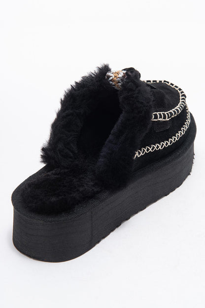 Yalina - Pantuflas Mocasín de Plataforma de Cuero Negro (Mujer)