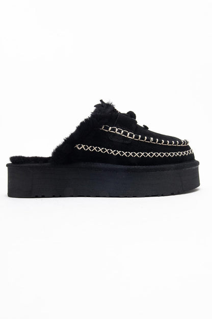 Yalina - Pantuflas Mocasín de Plataforma de Cuero Negro (Mujer)