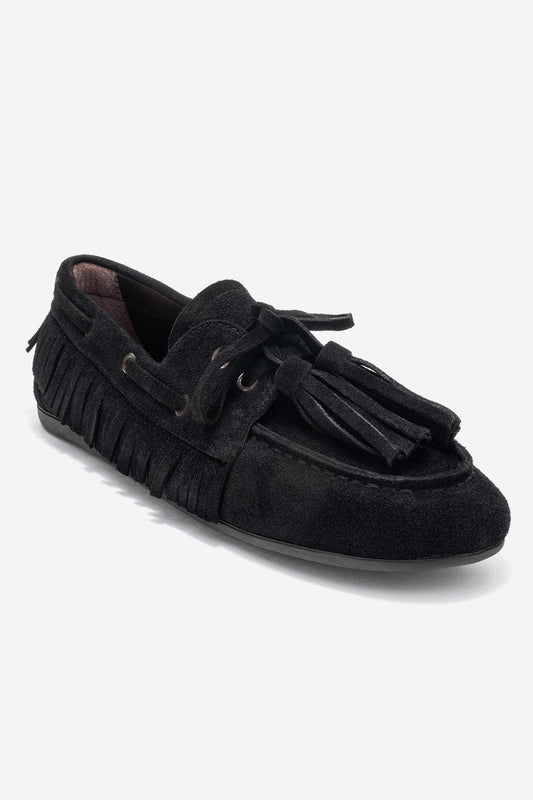 Fenora - Mocasín de cuero de ante negro con borlas (mujer)