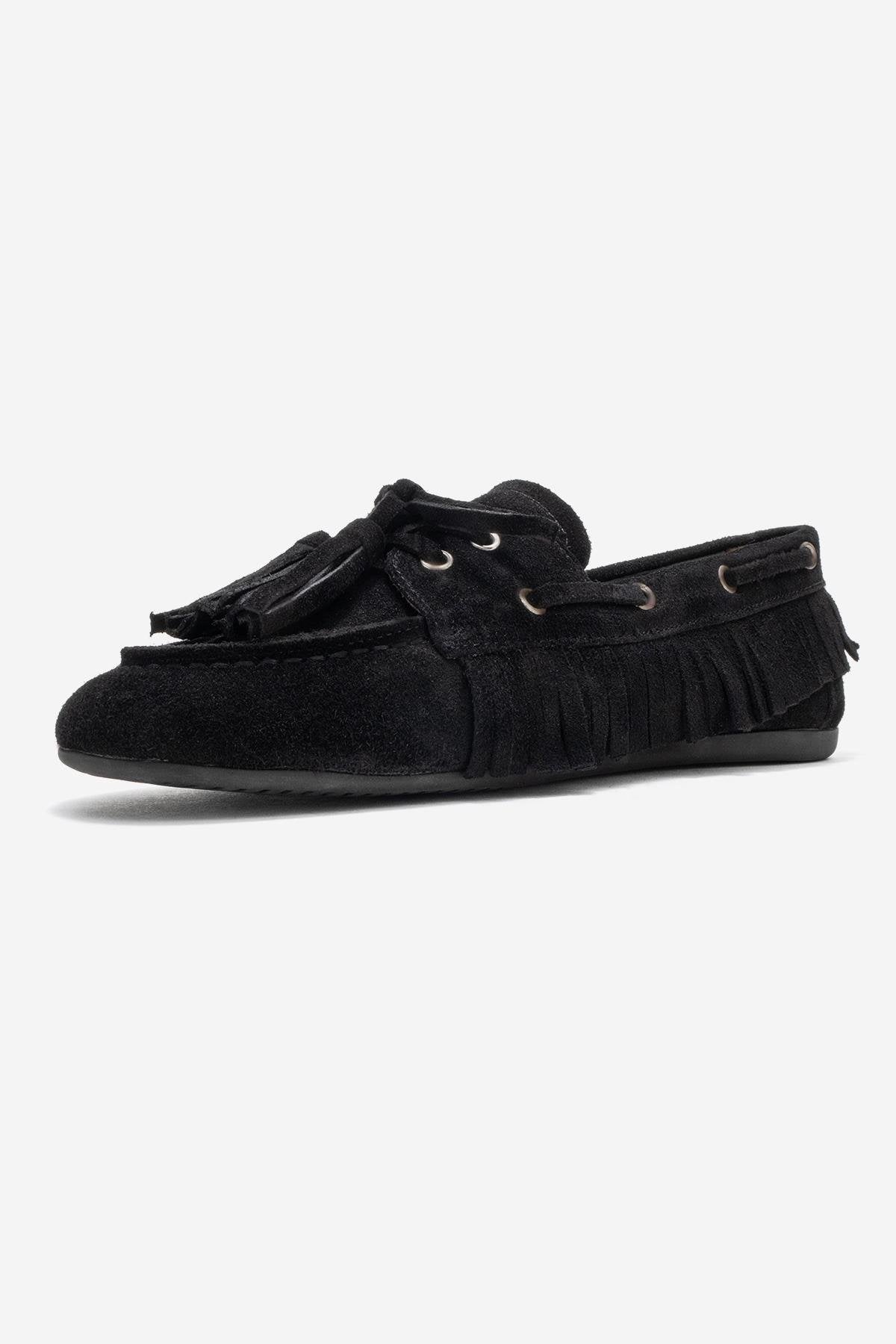 Fenora - Mocasín de cuero de ante negro con borlas (mujer)