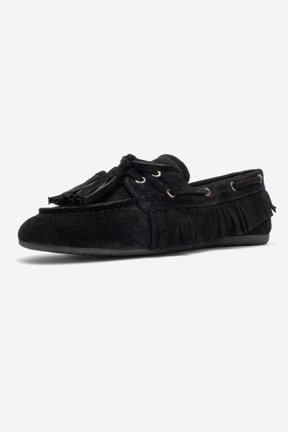 Fenora - Mocasín de cuero de ante negro con borlas (mujer)
