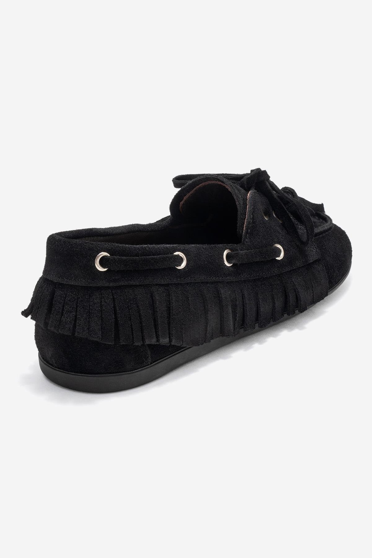 Fenora - Mocasín de cuero de ante negro con borlas (mujer)