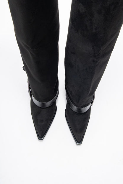 Elva - Bota Alta con Hebilla de Gamuza Negra (Mujer)
