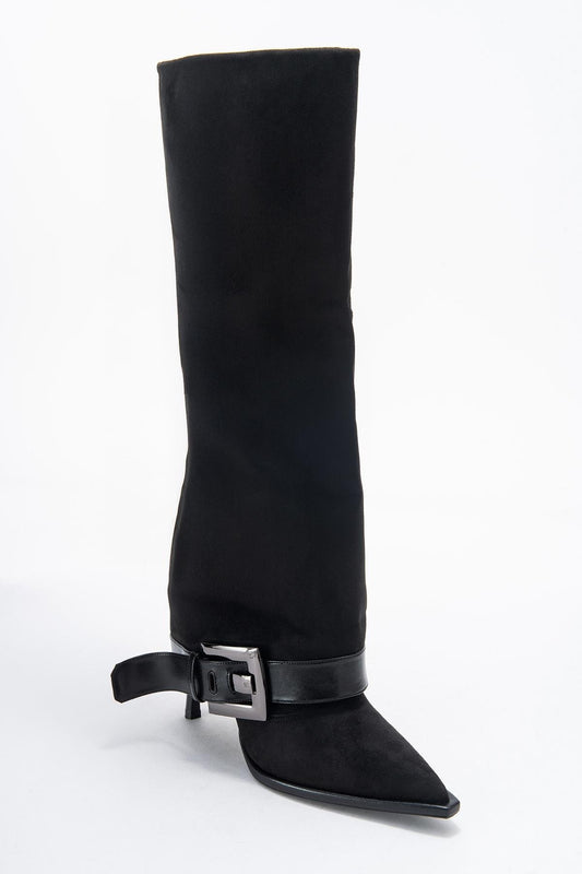 Elva - Black Suede Buckle Strap Knee High Boot (Women)