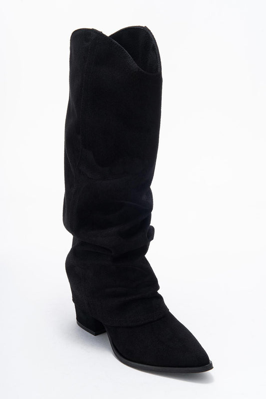 Elaris - Black Suede Block Heel Knee High Boot (Women)
