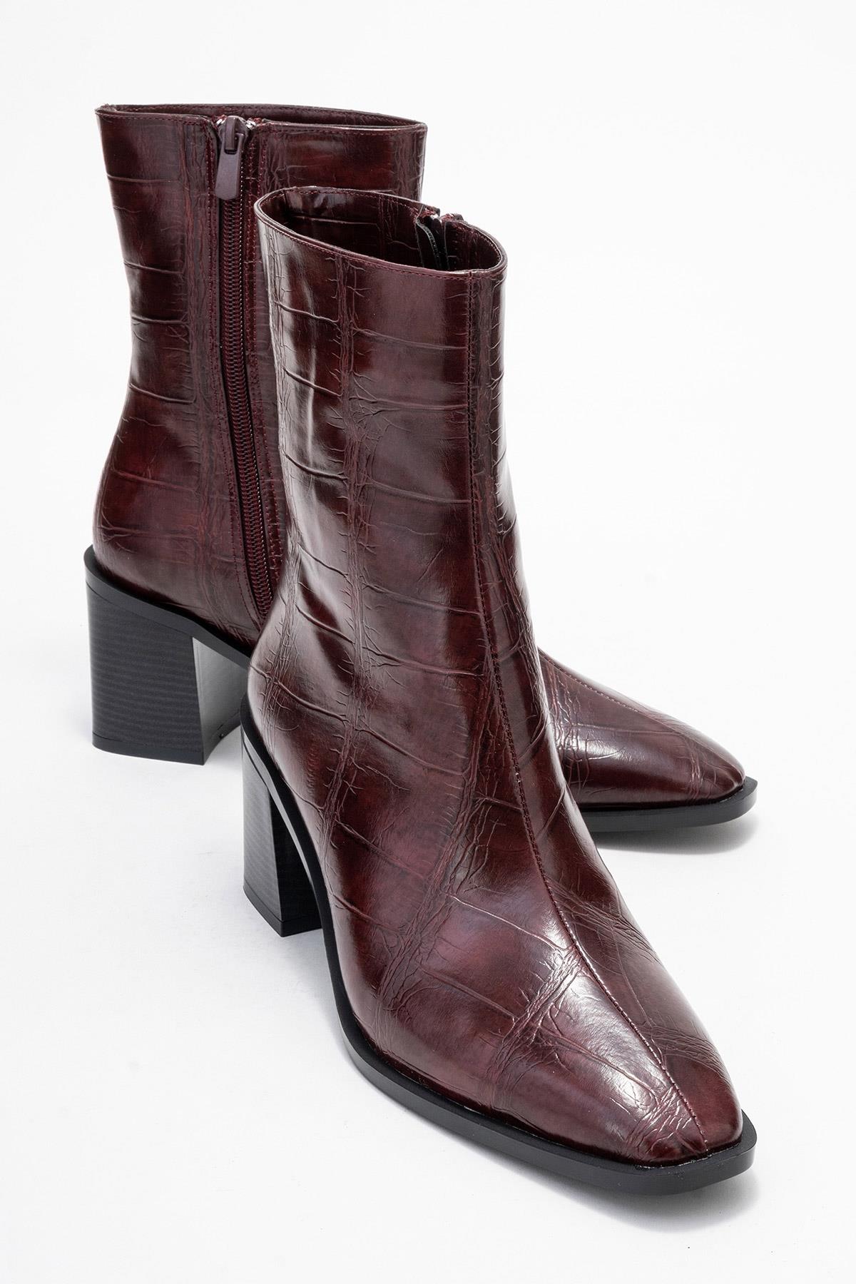 Chara - Bota de tacón cuadrado estampada burdeos (Mujer)