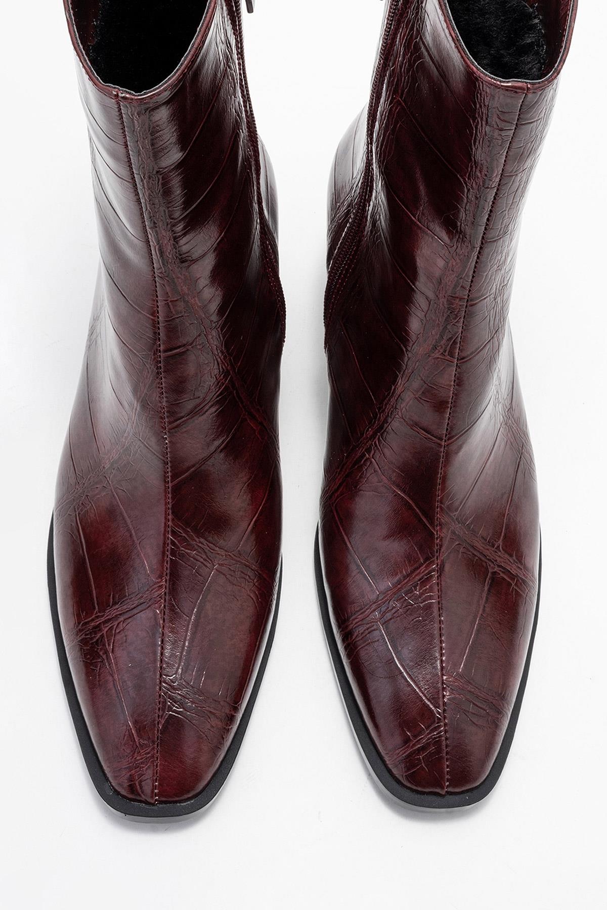 Chara - Bota de tacón cuadrado estampada burdeos (Mujer)