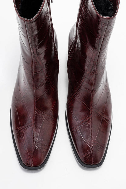 Chara - Bota de tacón cuadrado estampada burdeos (Mujer)