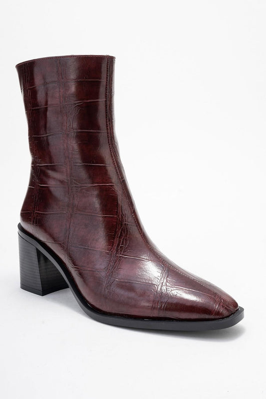 Chara - Bota de tacón cuadrado estampada burdeos (Mujer)