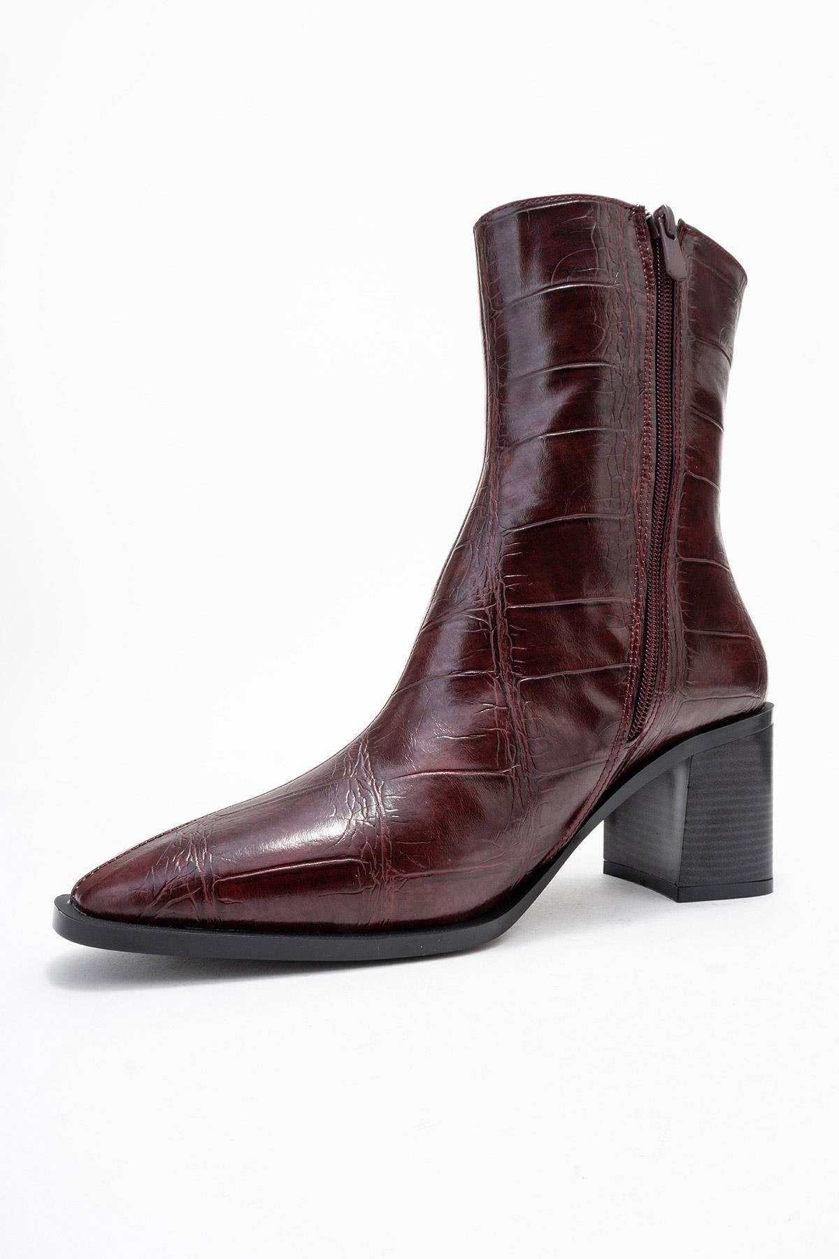 Chara - Bota de tacón cuadrado estampada burdeos (Mujer)