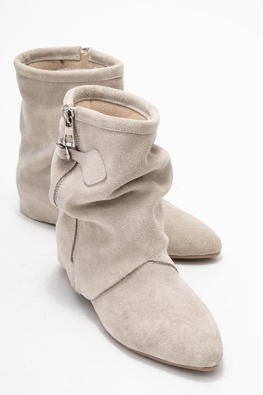 Noar - Bota fruncida con cremallera de piel auténtica beige (Mujer)