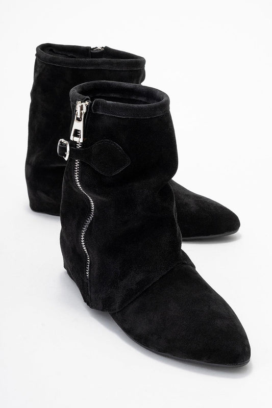 Noar - Bota con cremallera fruncida de cuero genuino negro (mujer)