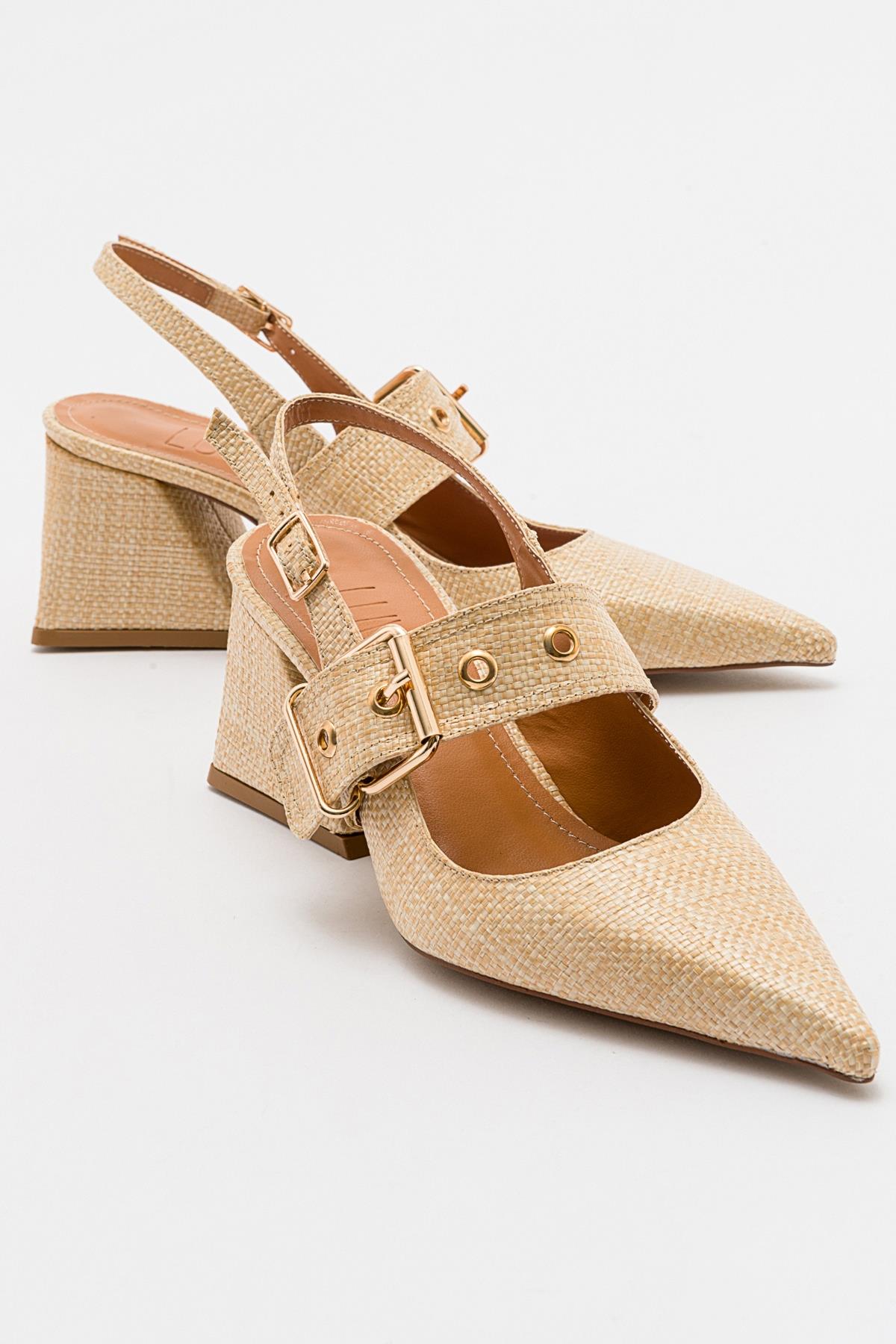 Nepido - Zapato de tacón de bloque con punta puntiaguda tejido beige (mujer)